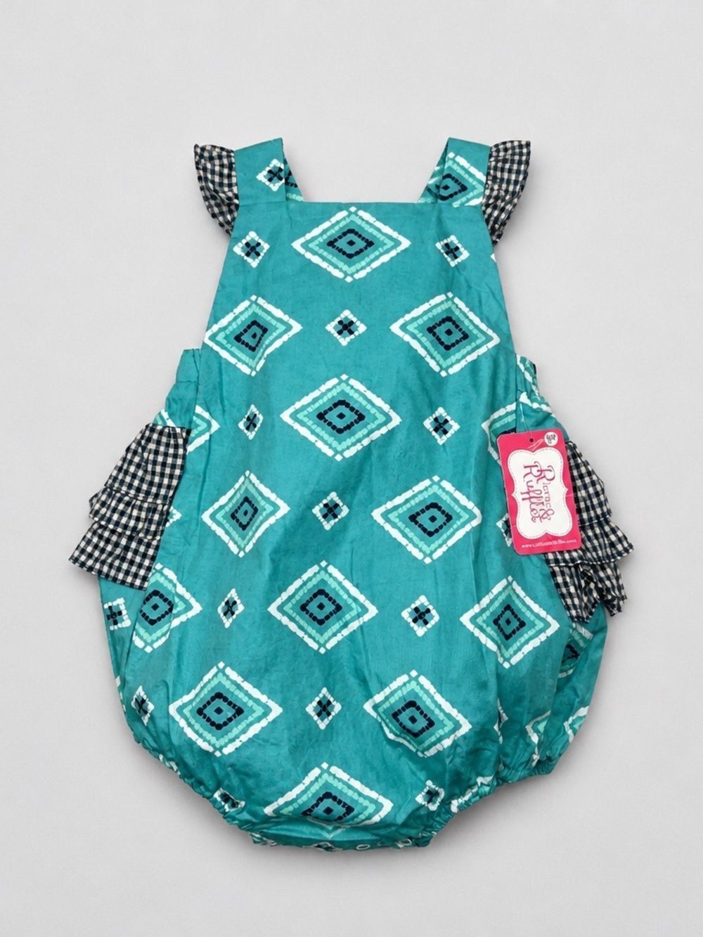 Ricrac & Ruffles green geometric print with gingham ruffles on back sunsuit NWT